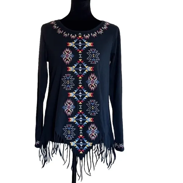 Savanna Jane Womens‎ Small Black Southwestern Embroidered Fringe Hem Top Blouse - Image 3