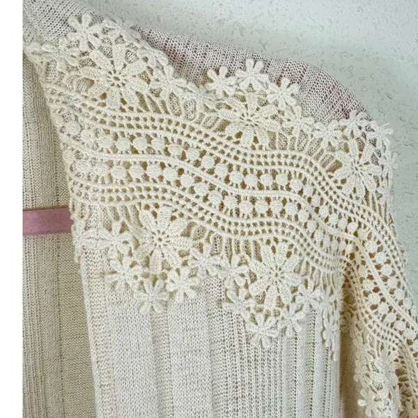 Daytrip Womens Cream Ribbed Knit Crochet Lace Trim Open Front Cardigan Medium - Image 3