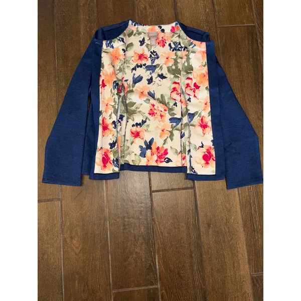 Chico's Jacket 1 Med Blue Floral Lined‎ Single Button Professional Casual Chic - Image 6