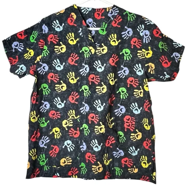 Colorful Handprint Healthcare Worker Scrub Top Shirt - Image 2