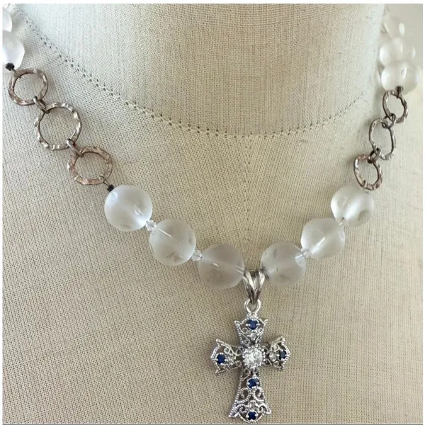 Sterling silver 925 Cross Pendant Frosted Glass Bead Necklace - Image 3
