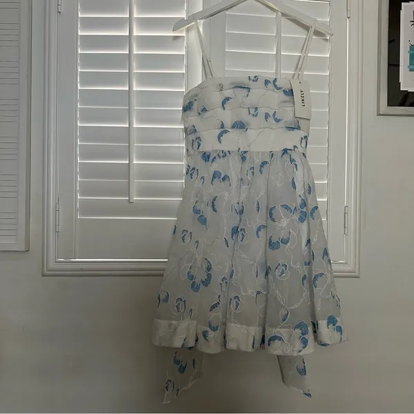 Likely Kia Dress 8 White Blue Organza Floral Flare Tie Back Bridal Bride - Image 5