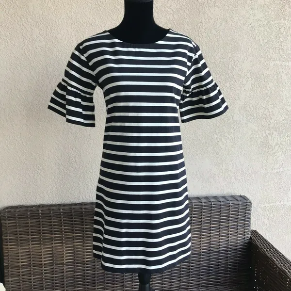 J Crew Ruffled Bell Sleeve Shift Dress Black White Stripe NEW NWT Size XS - Image 5
