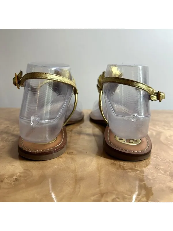 Tory Burch Gold Leather Pom Pom Thong Sandals Size 7.5M Metallic Leather - Image 7