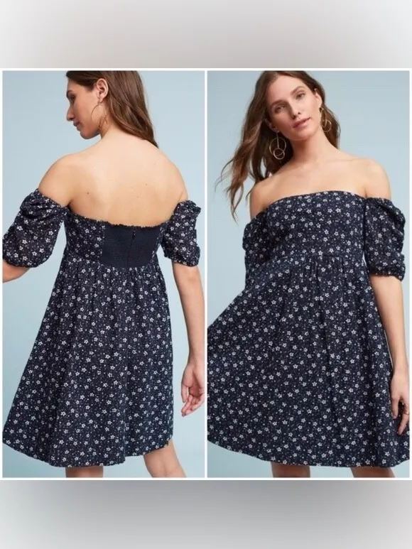 Anthropologie Maeve Lillianne Navy Eyelet Floral Babydoll Dress Women's size‎ 0 - Image 2