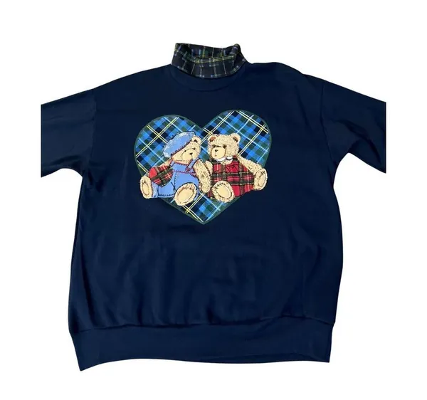 Vintage Basic Editions Turtleneck Sweatshirt Womens M Teddy Bear Plaid USA - Image 3