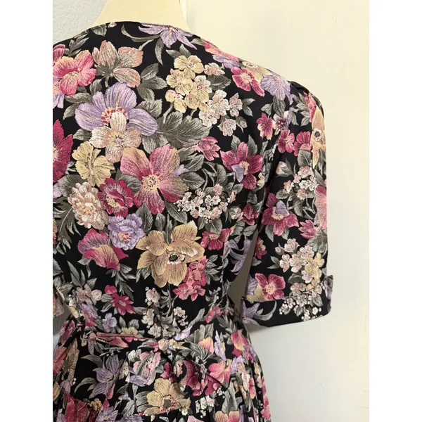 Miss Dorby Vintage 90s Floral Midi Dress L Black Purple Button‎ Front USA Made - Image 16