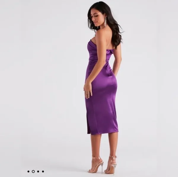 Windsor Jenny Purple Strapless High Slit Satin Midi Dress - Image 3