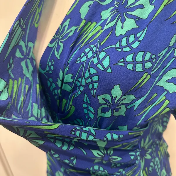 VTG 70s Bessi Firenze Blue Green Floral Silk Faux Wrap Surplice‎ Dress Mod Small - Image 6