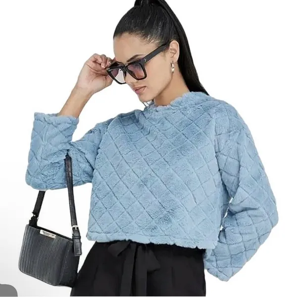 Zara Blue Quilted Soft‎ Faux Fur Fleece Cropped Crewneck Sweatshirt Sweater - Image 3