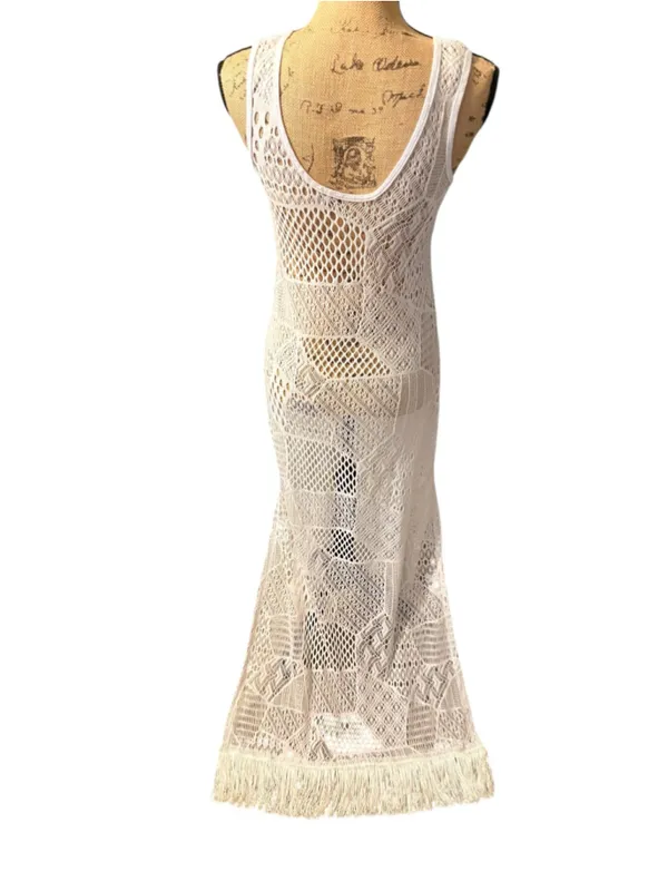 Crochet Bohemian Coverup Maxi Dress White PTP 16” - Image 3
