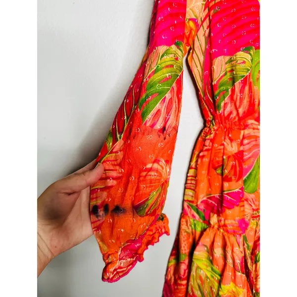 FARM RIO Pink Orange Floral Cotton A-Line Tie Waist Ombre Forest Mini Dress S - Image 9