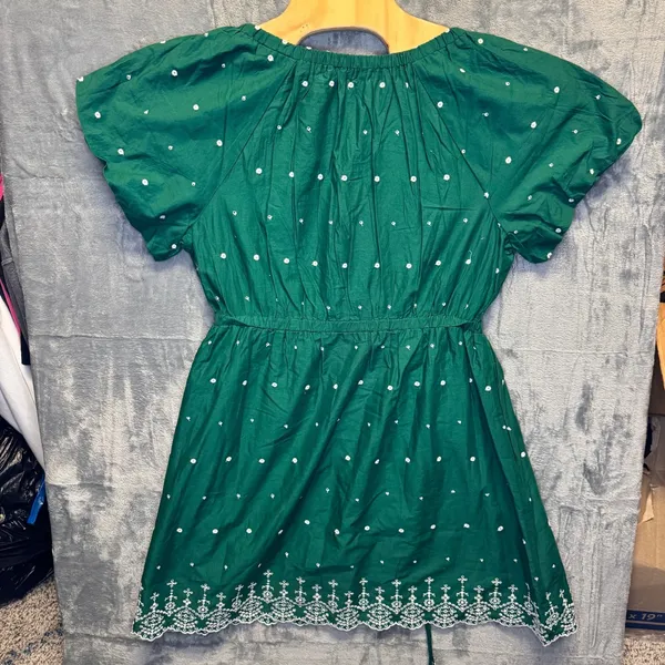 2097 | LOFT Boho Eyelet Embroidered Scallop Hem Cotton Dress Green Womens L - Image 4