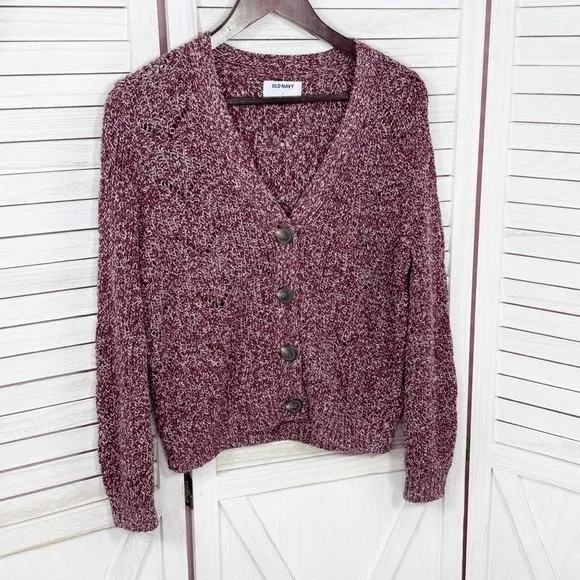 Old Navy‎ Marled Pointelle Knit V Neck Crop Cardigan Sweater Burgundy Red Small - Image 9