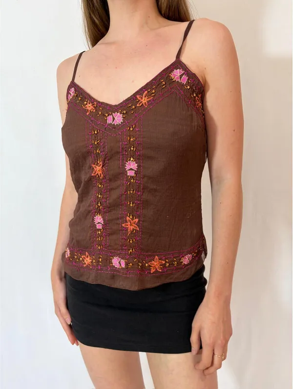 Brown Boho Floral Embroidered Rampage Cottagecore Cami - Image 6
