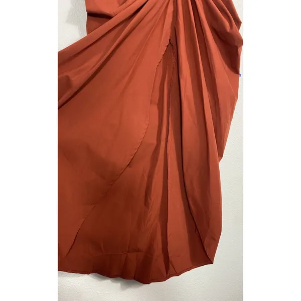 PRETTYLITTLETHING Rust Satin Strapless Ruched Side Slit Midi Dress Size 6 - Image 10