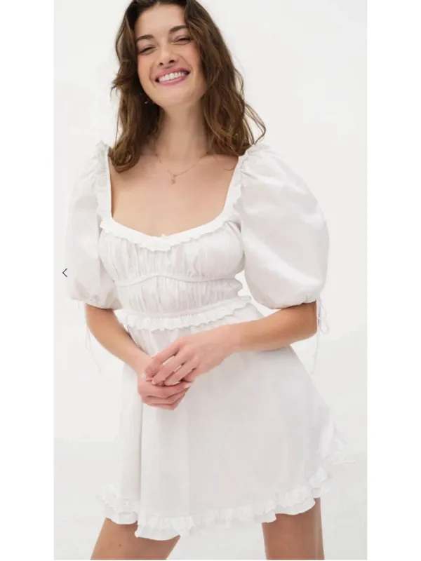 For Love & Lemons Jackson Clean Girl Babydoll Puff Sleeve Eyelet Mini Dress S - Image 3