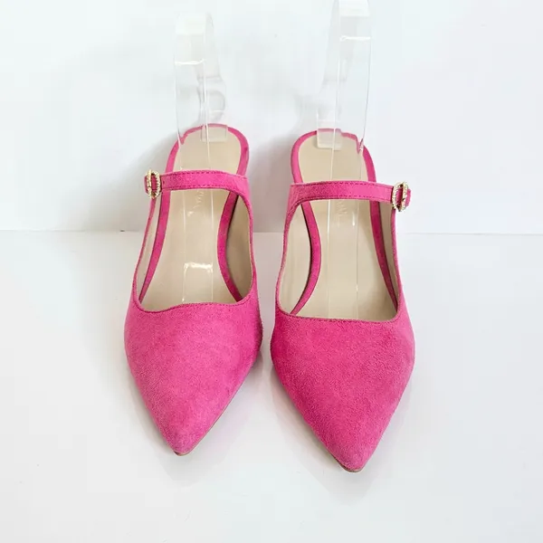 Stuart Weitzman Dazzle 75 Mule Pink Suede Crystal Buckle Mary‎ Jane Heels 6.5 - Image 7