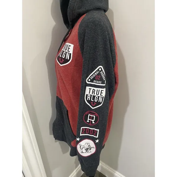 Unisex Raglan True Religion Sz M Red Zip Up Hoodie Sweatshirt - Image 5