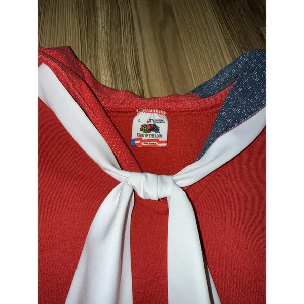 VTG Fruit of the Loom Women's L‎ Large Sweatshirt USA Flag Hood Ribbon Tie - Image 2
