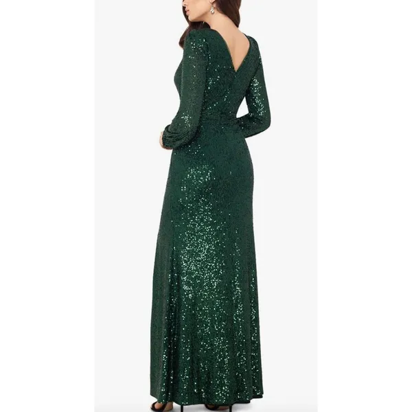 Xscape Long Sleeve Long V-Neck All Over Sequin‎ Gown Green Size 6 Formal - Image 2