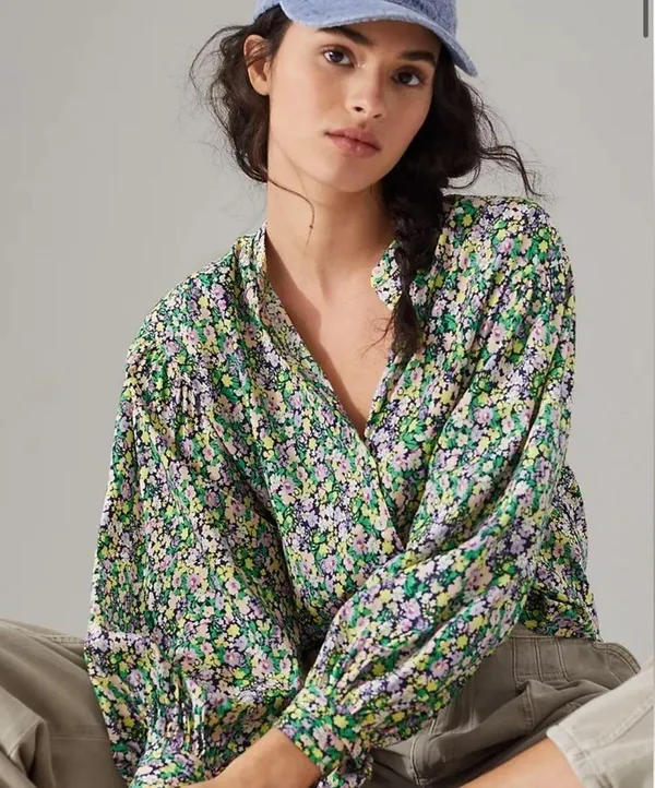 Anthropologie Maeve Ashleigh Puff-Sleeved Button Down Ditsy Floral Blouse - Image 3