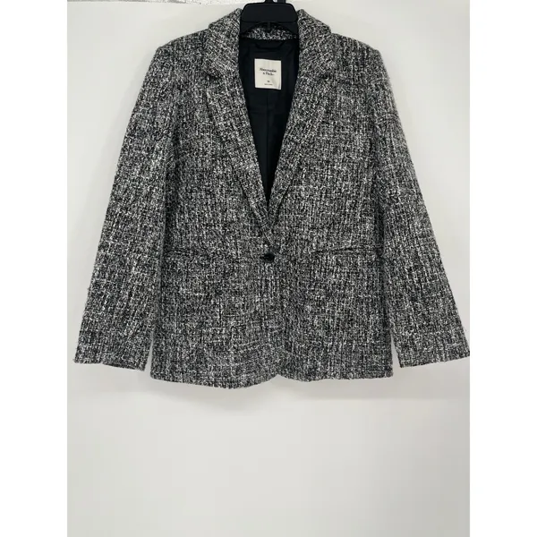 Abercrombie & Fitch Tweed Oversized Blazer Jacket Women M Black White Old Money - Image 2