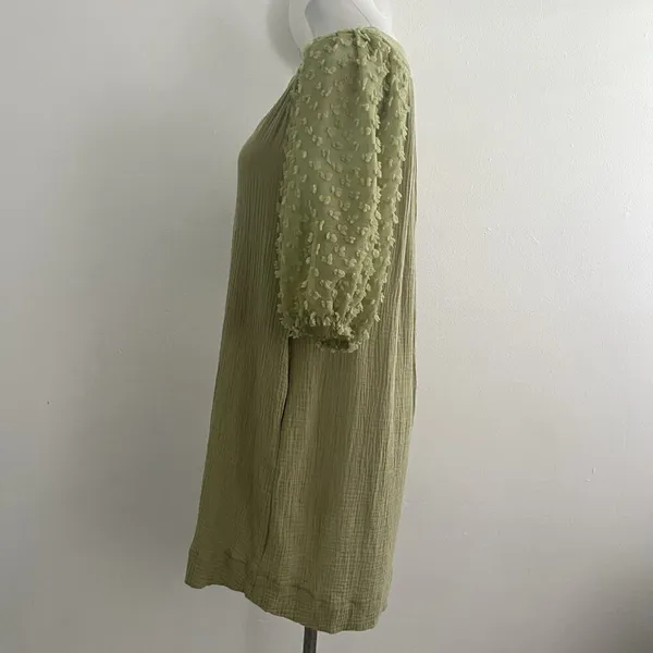 NEW Umgee Olive Green Swiss Dot Mini Dress Puff Sleeve MEDIUM Boho - Image 10