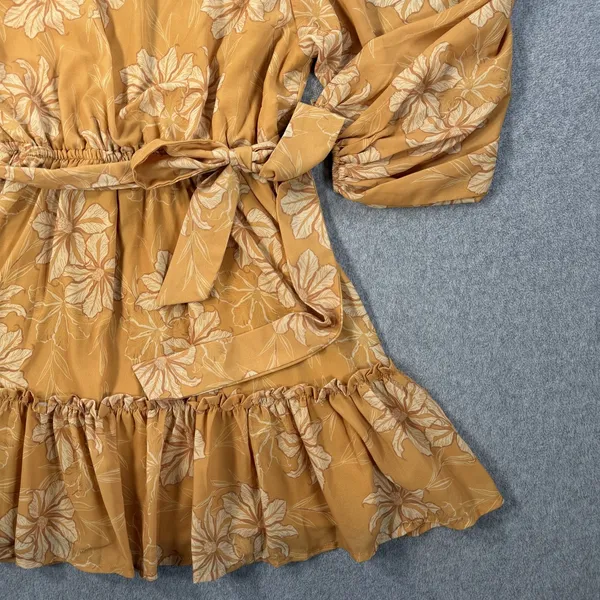 Flying Tomato Size Small Yellow Floral Elastic Waist Ruffle Tie Belt Mini Dress - Image 3