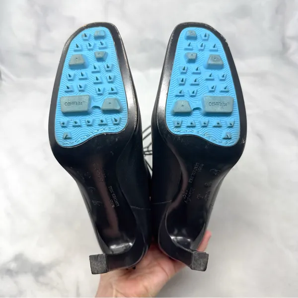 OFF-WHITE Leather Lace Up Card Holder Logo Heeled Ankle Boot Black Streetwear 36 - Image 12