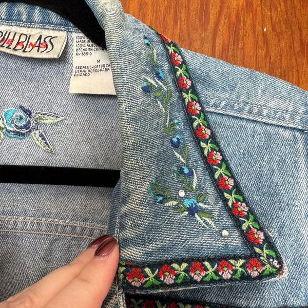 Vintage 90s Bill Blass Embroidered Floral Rhinestone Denim Vest M Cottage Garden - Image 8