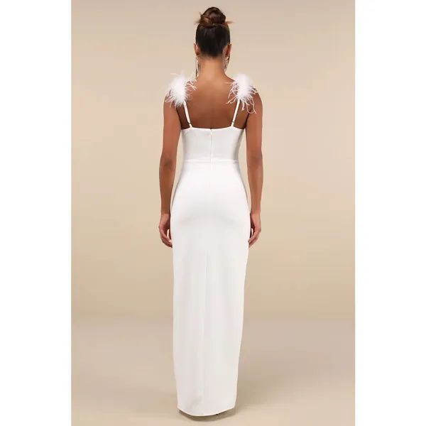 Lulus Dramatic Promise White Feather Strap Ruched Column Maxi Dress Classy XS - Image 2