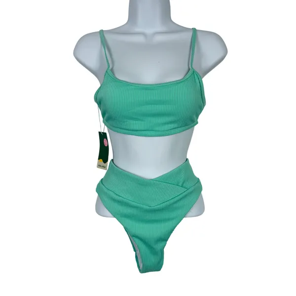 Halara Bikini Set Womens Small Ribbed Crossover High Waist Mint Green - Image 2