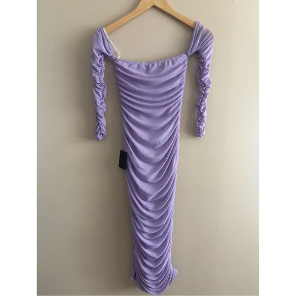Lulus Desirable Date Lavender Mesh Ruched Off-the-Shoulder Midi Dress Size XS - Image 4