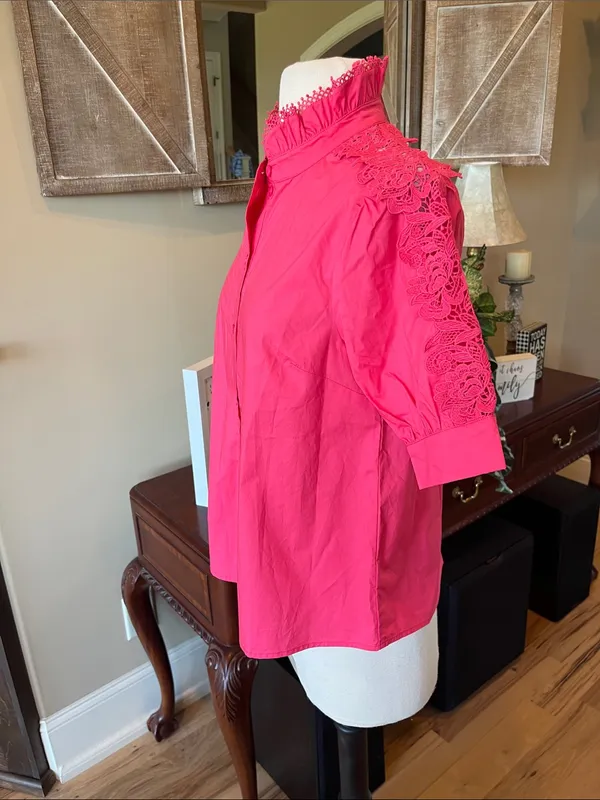Avara Maribeth Top Berry Women’s Lace-Trim Button Front Blouse - Berry Pink New - Image 7
