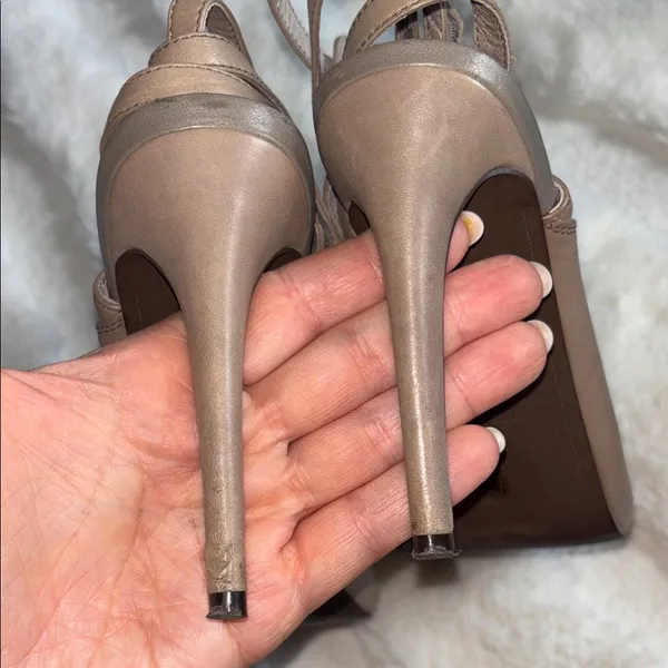 Vince Camuto Taupe Leather Peep Toe Stiletto Heels Size 7 - Image 5