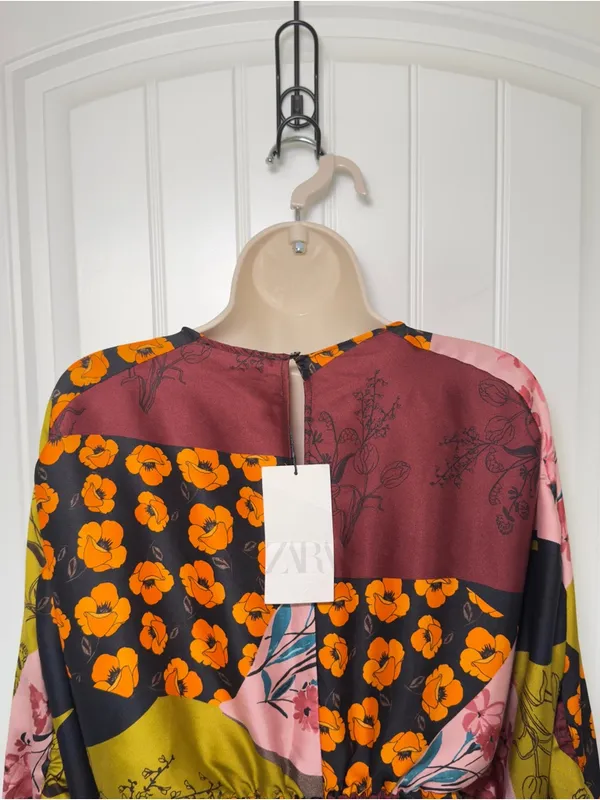 Zara XS Mixed Floral Patchwork Design Boho-Chic Mini Dress Dopamine Dressing - Image 4