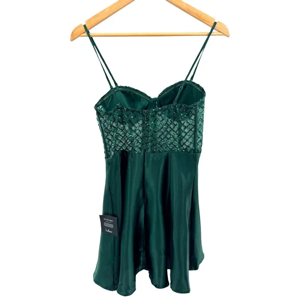 Lulus Going Glam Dark Green Sequin‎ Bustier Skater Dress Mini Party Medium Flaw - Image 5