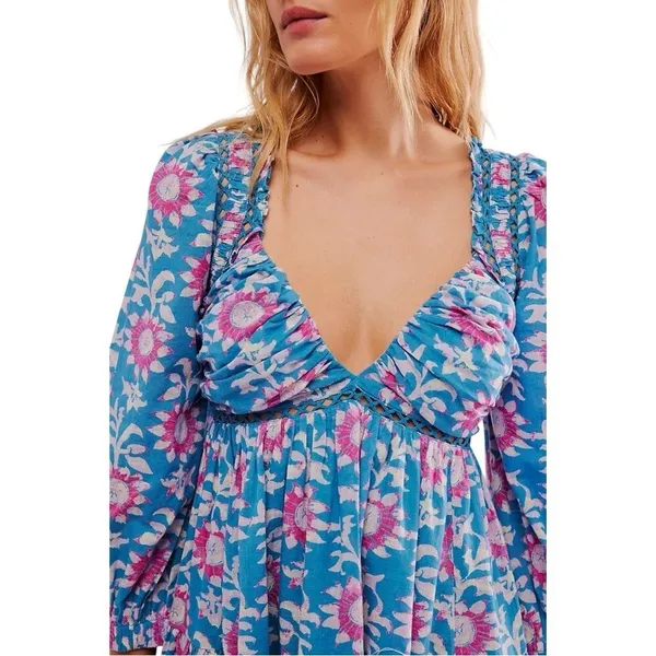 Free People Sacha Mini Babydoll‎ Dress Blue Pink Floral Open Back Boho Small New - Image 4