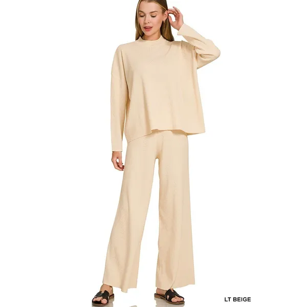 Zenana Viscose Sweater Top & Pants Set - LT. Beige - Small - Image 2