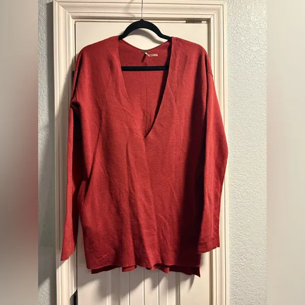 Free People Deep V-Neck Sweater Women S Rust Wool Blend Oversized‎ Tunic Pockets - Image 4