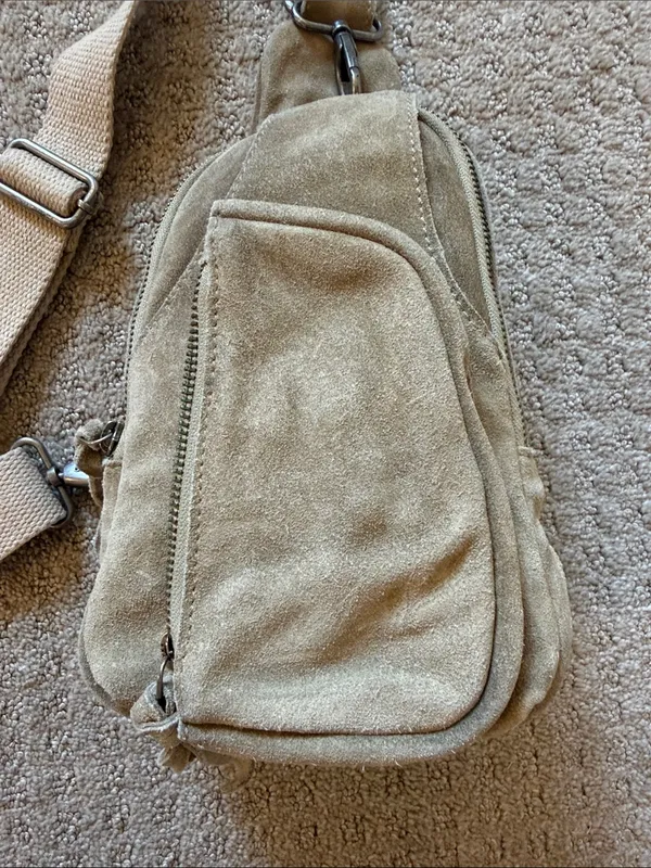 Free People Beige Pebble Hudson Suede Leather Sling Crossbody Bag Minimal - Image 4