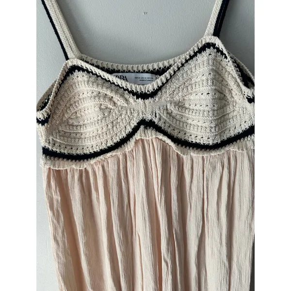 Zara Crochet Knit Bodice Crinkle Midi Dress Cream Black Boho Summer Flowy Size M - Image 3