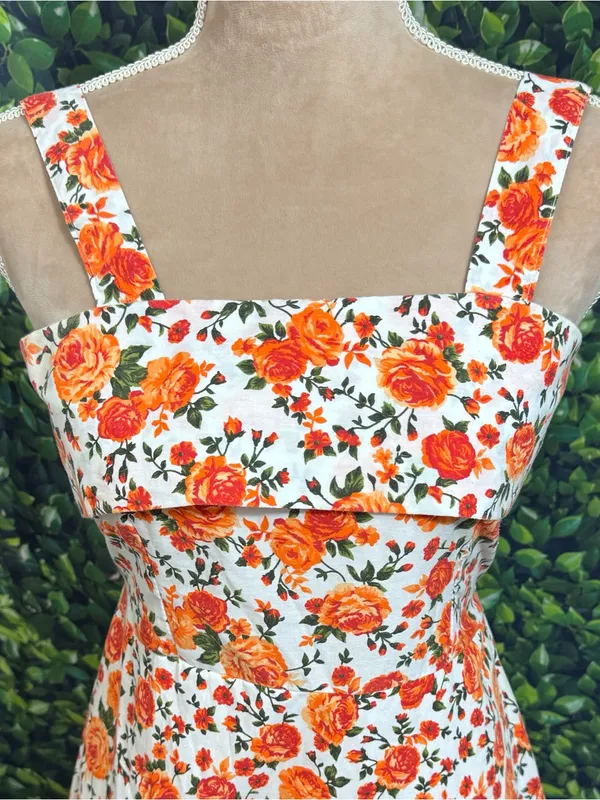 Boutique Floral Garden Party Midi Dress Tie Back Ruffle Hem Cotton Size Medium - Image 6