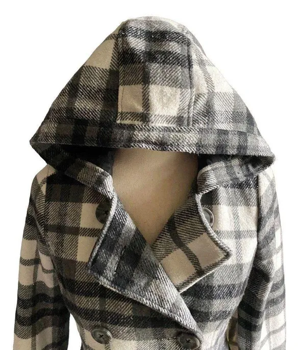 Aeropostale Beautiful black and white plaid hooded pea coat - Image 4