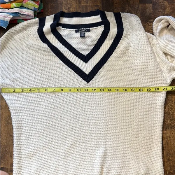 CHAPS White & Navy Preppy Academia V-Neck TENNISCORE Cable Knit Sweater XL - Image 7