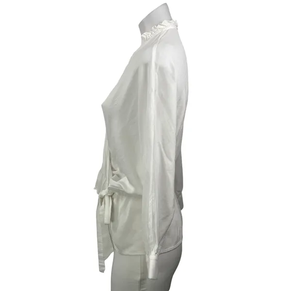 Zara Women's White Long Sleeve Ruffle V Neck Tie Peplum Wrap Blouse Top Size S - Image 2