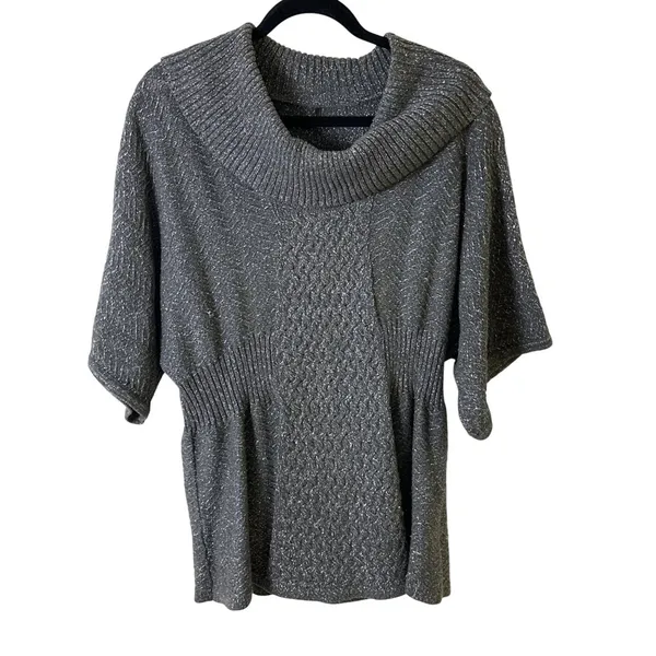 Gauge & Cable XL Gray Metallic Knit Sweater Tunic Cowl Neckline Wide Sleeves - Image 3