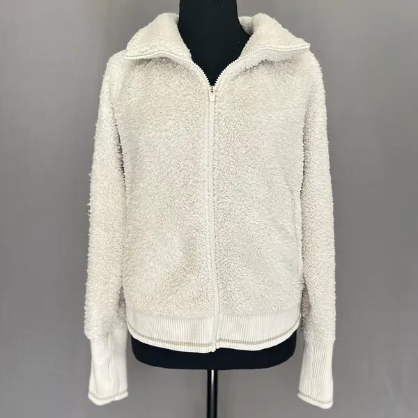 Athleta Tugga Jacket Womens M Sherpa Teddy Fleece Full Zip Cozy Ivory‎ Medium - Image 4