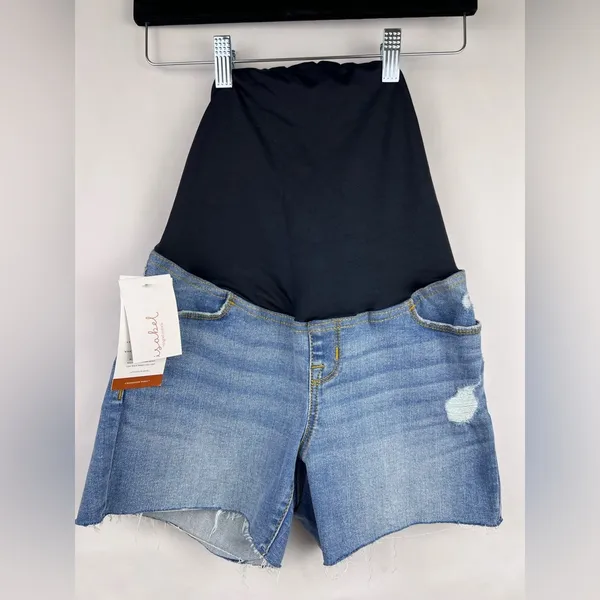 Isabel Maternity Mid Short Denim Jean Shorts Blue Raw Hem Crossover Panel - Image 3
